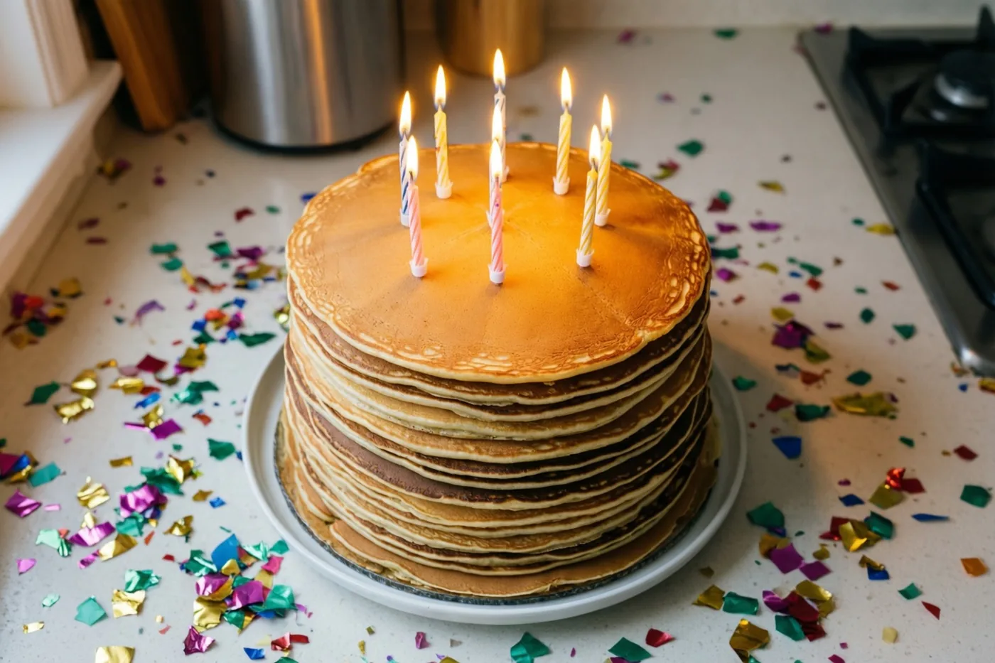 Een hoge stapel dunne pannenkoeken met brandende verjaardagskaarsen staat op een wit bord op een keukenblad met kleurrijke confetti, in warm licht met goudbruine tinten.