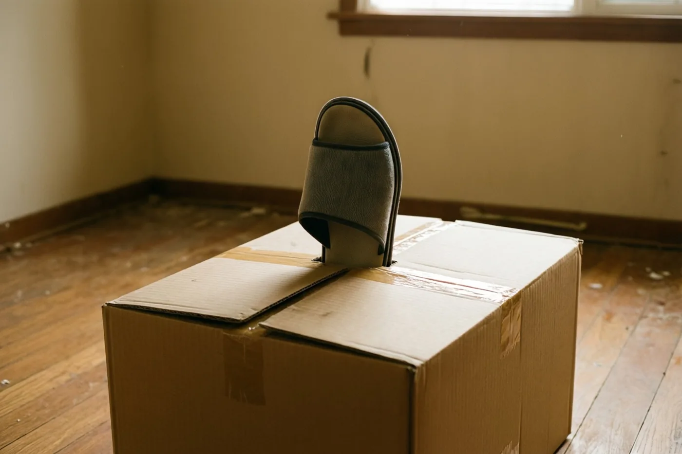 Een grijze pantoffel steekt uit het deksel van een gesloten kartonnen verhuisdoos op een houten vloer in een lege kamer, in warm daglicht.
