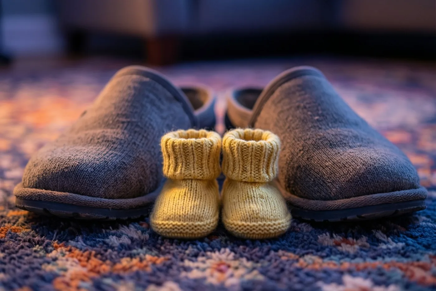 Een paar grote, versleten grijze pantoffels staat naast kleine lichtgele gebreide babyslofjes op een kleurrijk tapijt met een patroon.