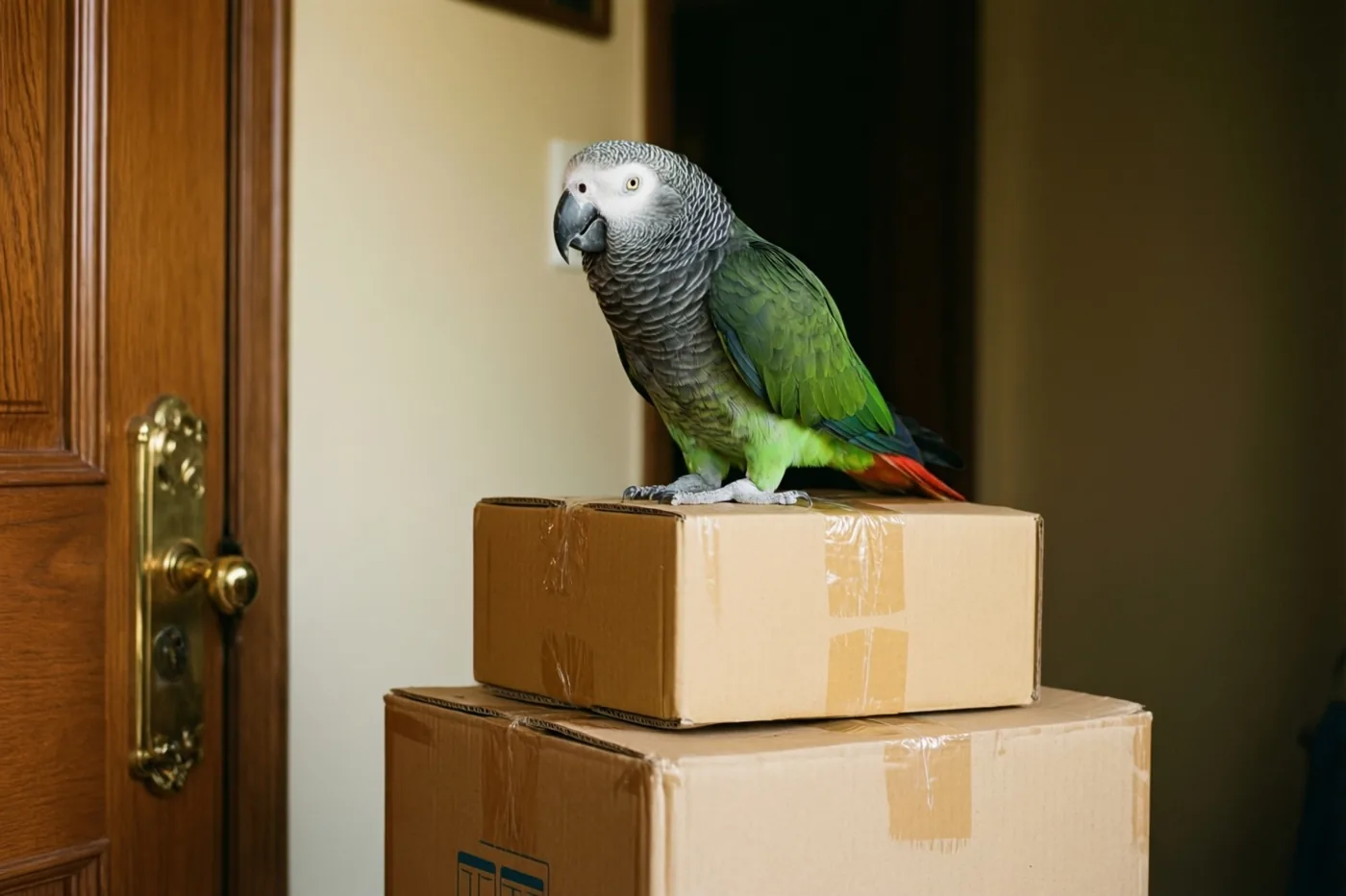 Een grijze en groene papegaai zit op gestapelde bruine kartonnen verhuisdozen naast een houten voordeur met een messing deurknop.