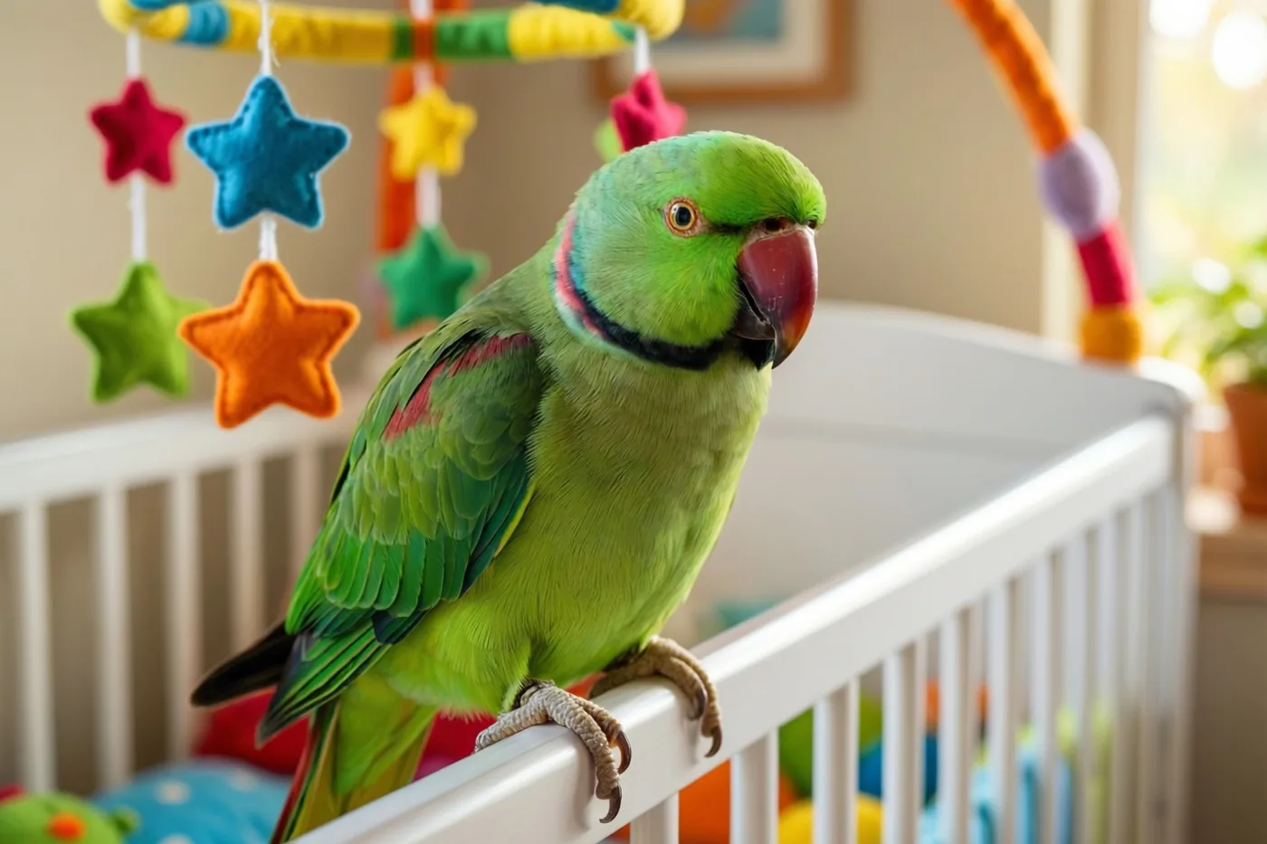 Een groene papegaai zit op de rand van een wit babybedje onder een kleurrijke mobiel met vilten sterren in helder licht.