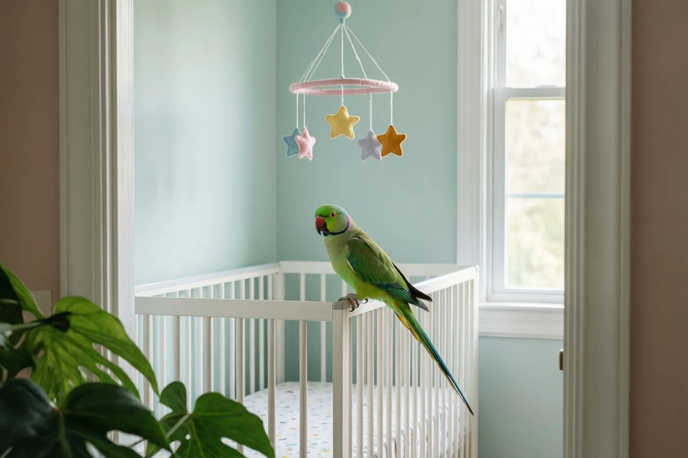 Een groene papegaai zit op de rand van een wit babybedje onder een mobiel met vilten sterren, in een zacht verlichte babykamer met pastelkleurige muren.