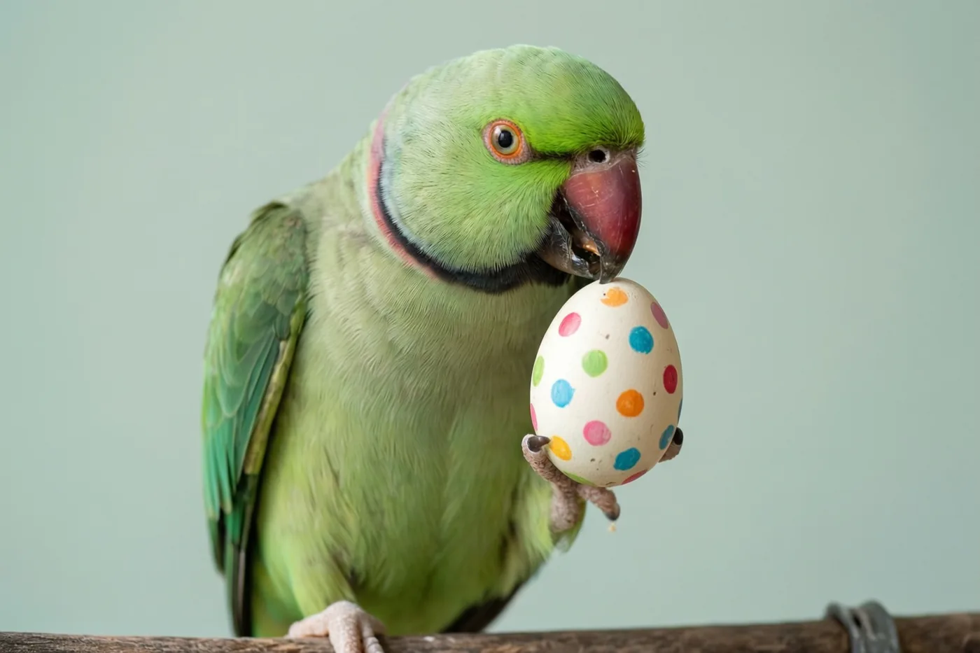 Een groene papegaai zit op een houten tak met een kleurrijk gestippeld paasei in zijn snavel, tegen een effen lichtgroene achtergrond in zacht licht.