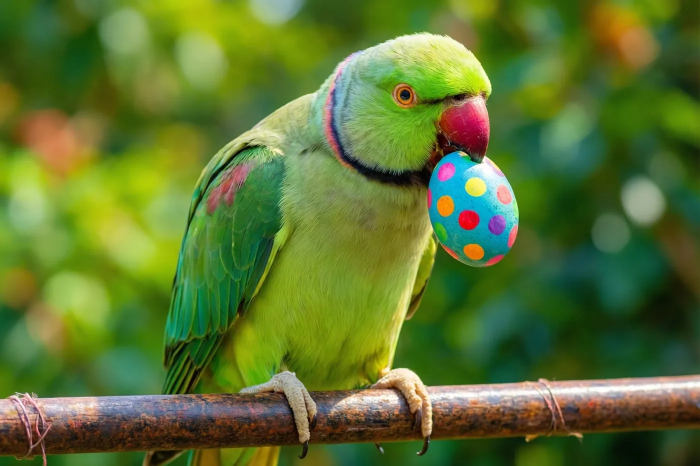 Een groene papegaai zit op een houten tak met een kleurrijk gestippeld paasei in zijn snavel, tegen een onscherpe achtergrond van groene bladeren.