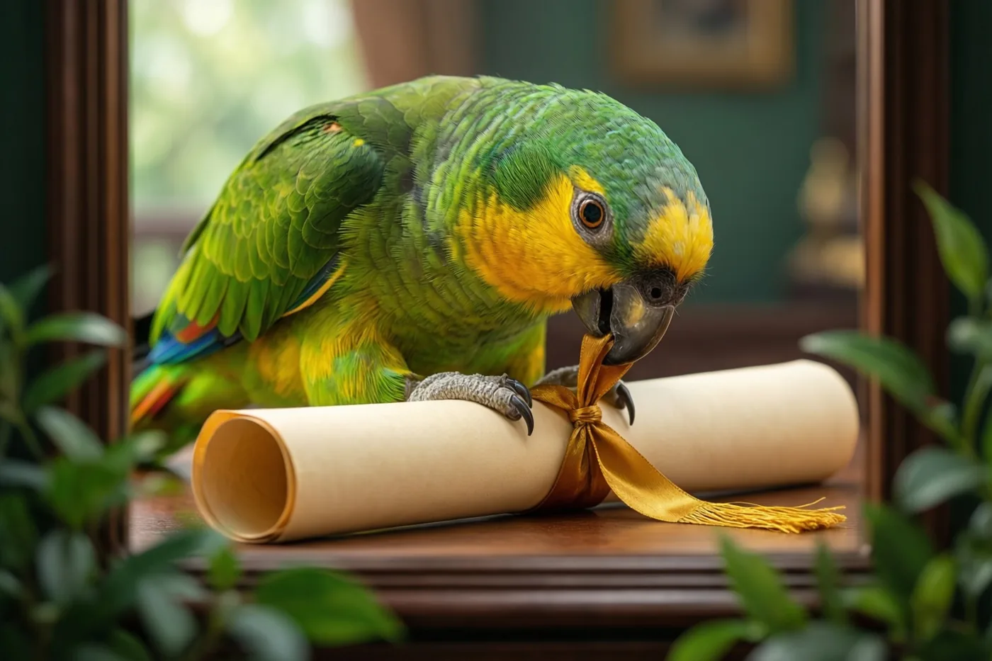 Een groen-gele papegaai trekt op een houten bureau een gouden lint van een opgerold diploma, omlijst door een houten raam of kader met groen op de voorgrond.
