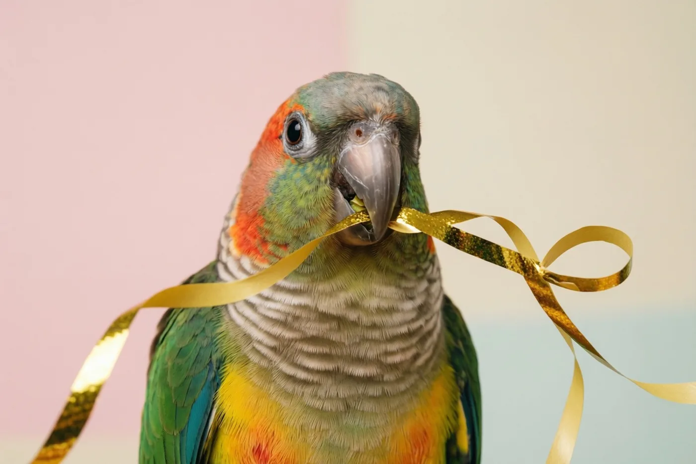 Een papegaai met groene, gele en oranje veren houdt een gouden slinger in zijn snavel tegen een zachtroze en crèmekleurige achtergrond.