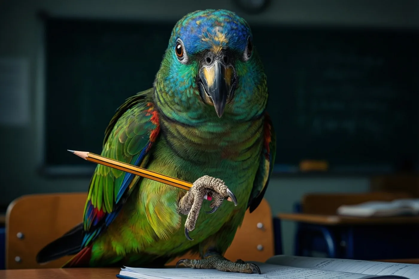 Een groen-blauwe papegaai zit aan een houten schoolbank en houdt een geslepen potlood in zijn poot boven een open schrift, met een krijtbord in het schemerige klaslokaal erachter.