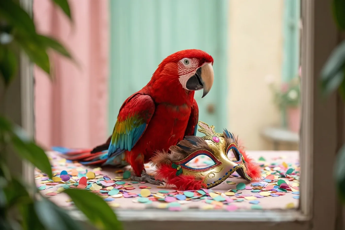Een felrode papegaai zit op een tafel vol kleurrijke confetti naast een versierd carnavalsmasker met veren, bij een raam met pastelkleurige gordijnen.