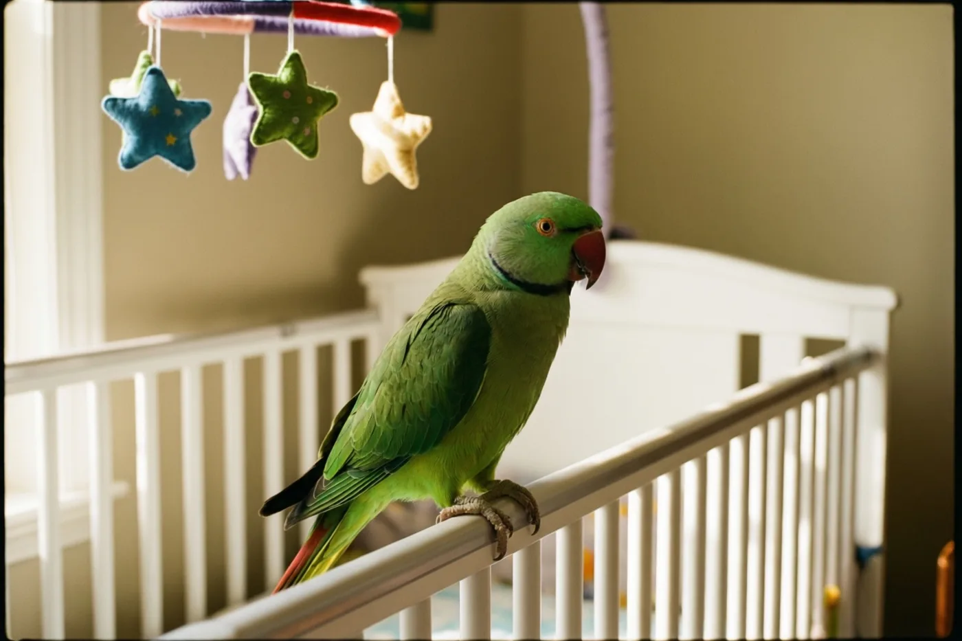 Een groene papegaai zit op de rand van een wit babybedje met daarboven een mobiel van vilten sterren, in zacht licht en groene, witte en beige tinten.
