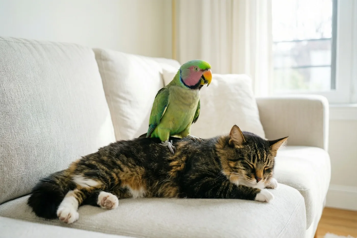 Een groene papegaai met een roze gezicht zit op de rug van een gestreepte kat die op een lichte zetel rust in een heldere woonkamer.