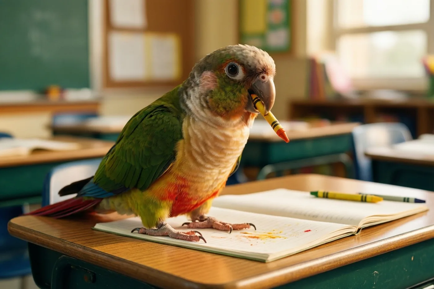Een kleurrijke papegaai staat met een geel waskrijtje in zijn snavel op een open schrift op een houten schoolbank, met groene schoolborden en banken op de achtergrond.