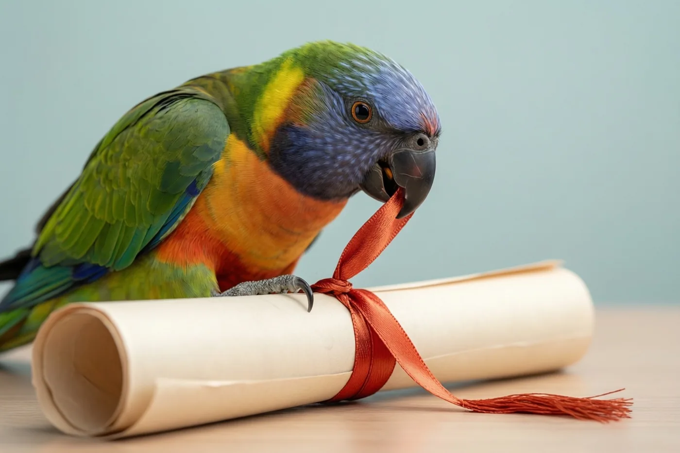 Een kleurrijke papegaai trekt op een houten bureau een rood lint van een opgerold diploma, tegen een effen lichtblauwe achtergrond.