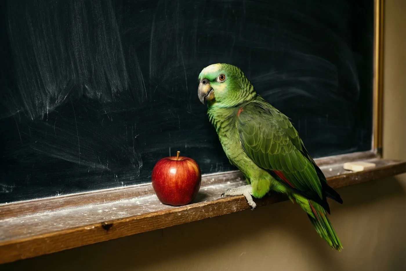 Een groene papegaai zit naast een glanzende rode appel op de houten rand van een donker schoolbord met krijtsporen in een klas.