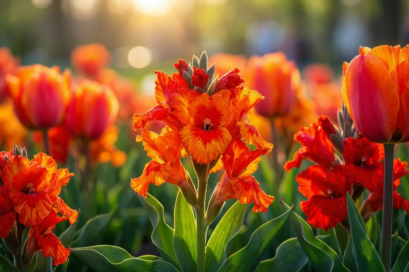 Rode en oranje papegaaitulpen met gekrulde bloemblaadjes staan tussen groen blad in een tuinborder, met warm tegenlicht van een lage lentezon.