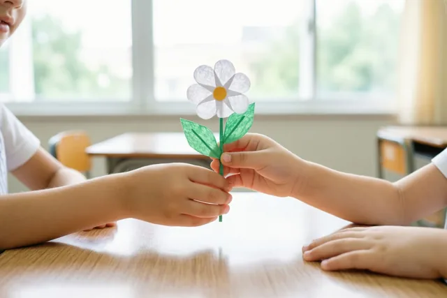 Twee kleine handen houden een zelfgemaakte papieren bloem boven een houten schoolbank in een klas, met wit, groen en bruin als hoofdkleuren.