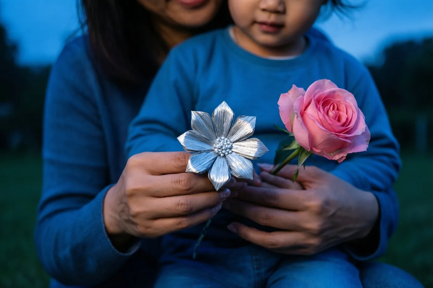 Een moeder en kind houden buiten in de schemering een zelfgemaakte papieren bloem en een echte roze roos vast, in blauwe en groene tinten.