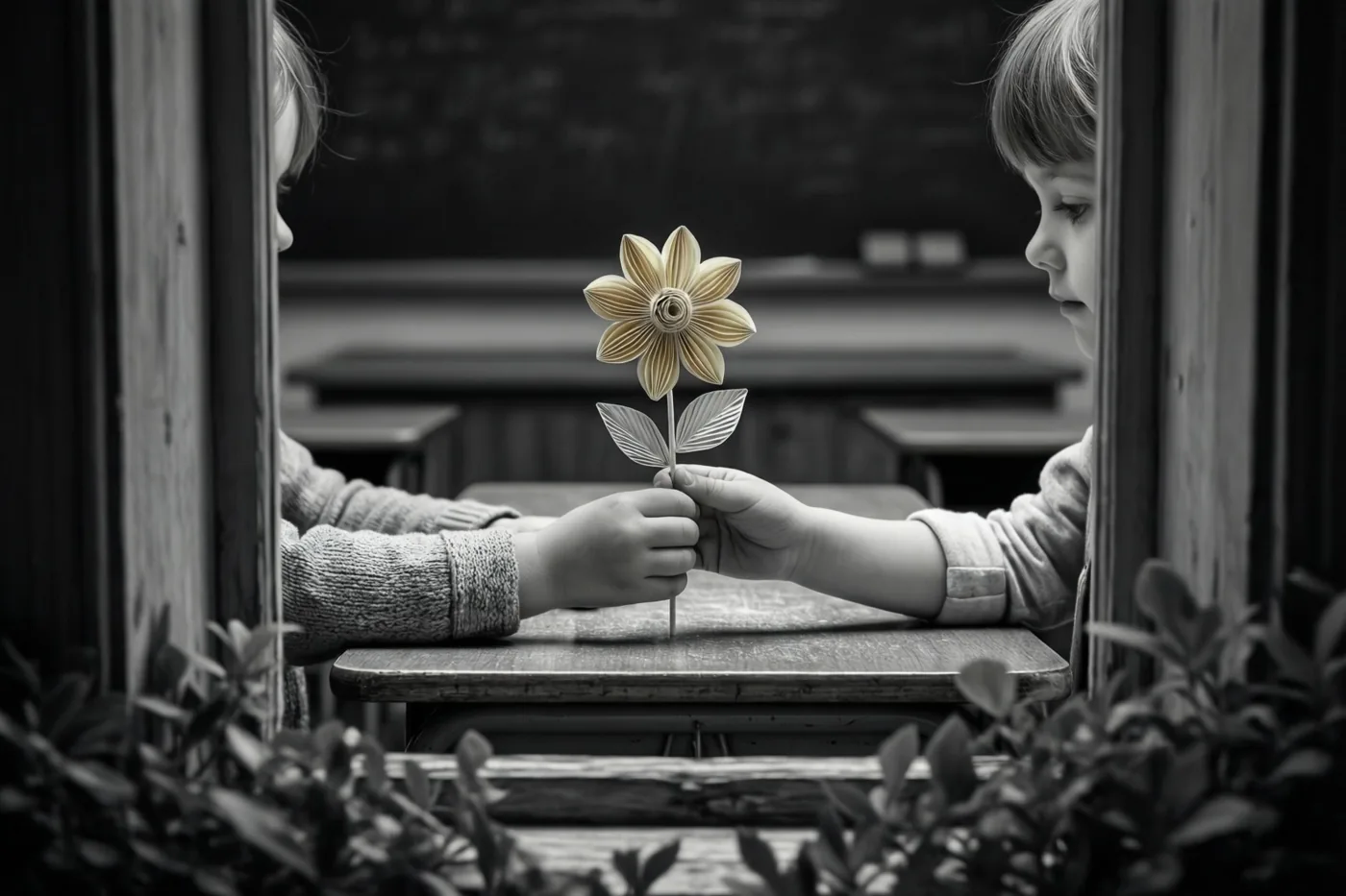 Twee kleine handen houden een zelfgemaakte papieren bloem boven een houten schoolbank in een klaslokaal, op een zwart-witfoto.
