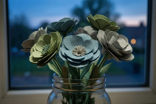Een glazen pot met handgemaakte papieren bloemen staat op een vensterbank, met een wazige avondhemel erachter in gedempte blauwe, groene en grijze tinten.
