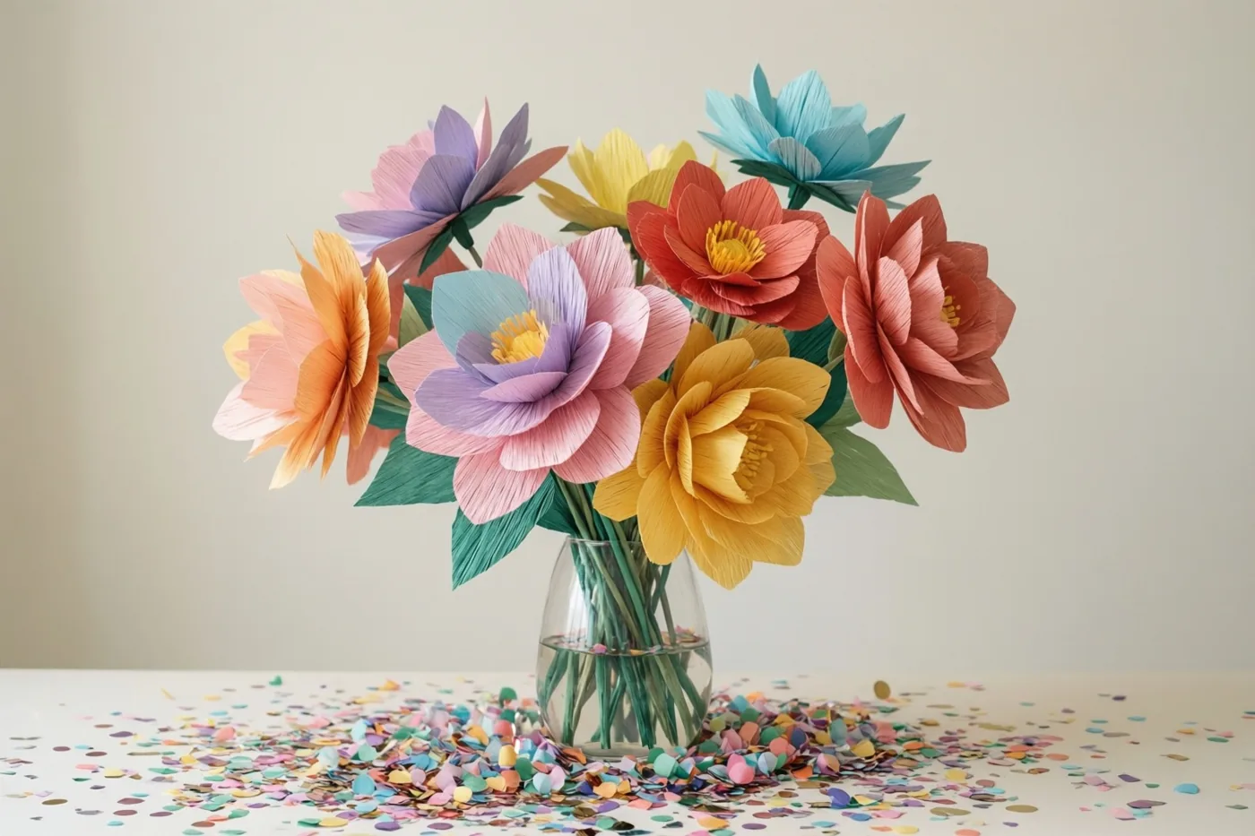 Een kleurrijk boeket papieren bloemen staat in een doorzichtige glazen vaas op een wit oppervlak met veelkleurige confetti, tegen een lichtbeige achtergrond.