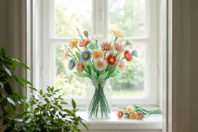 Een doorzichtige glazen pot met handgemaakte papieren bloemen in zachte en felle kleuren staat op een witte vensterbank in daglicht, met wazig groen buiten.