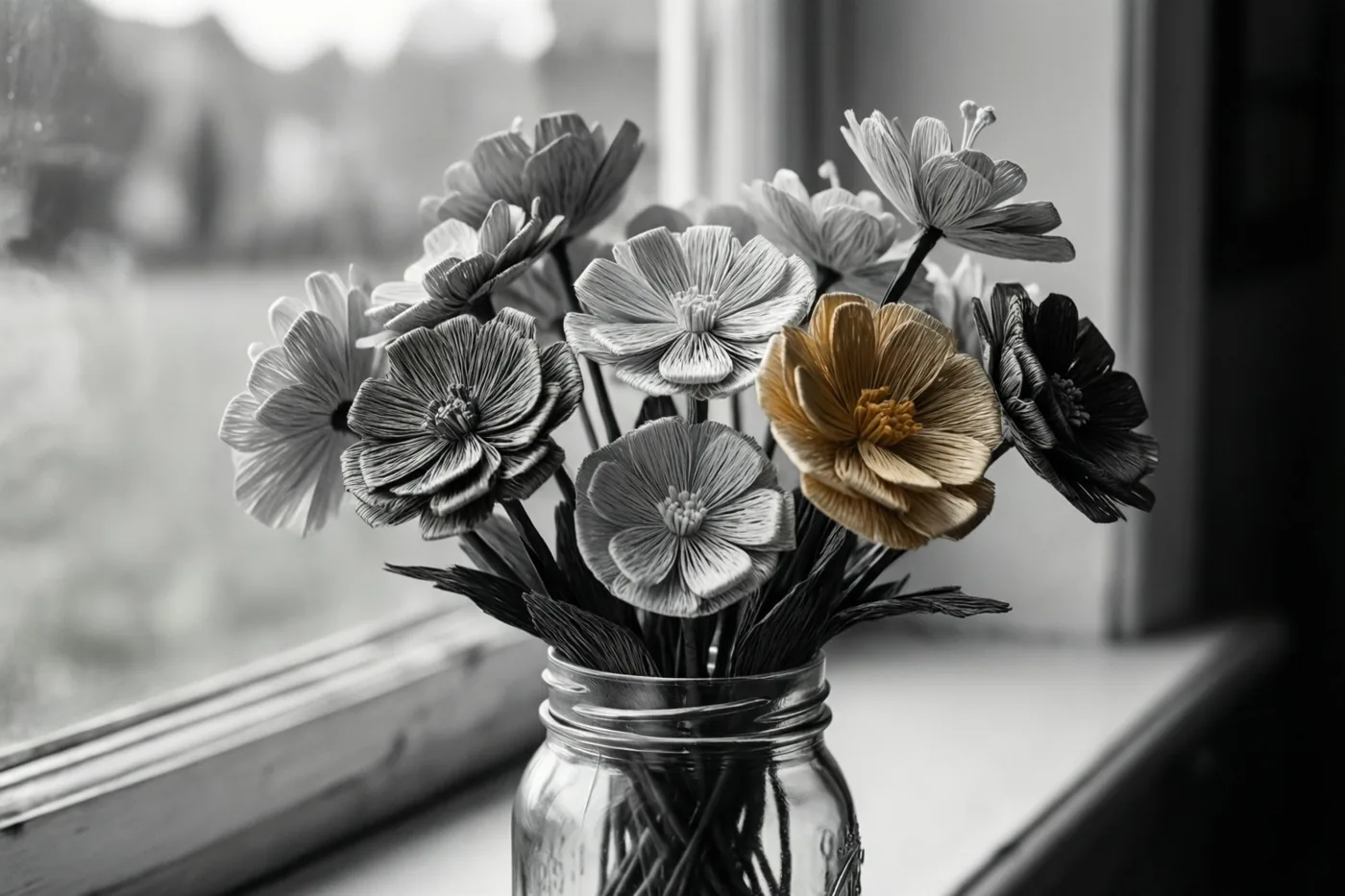 Een glazen pot met papieren bloemen staat op een vensterbank in een grotendeels grijs beeld, waarin een goudgele en een zwarte bloem opvallen tegen een wazig uitzicht.