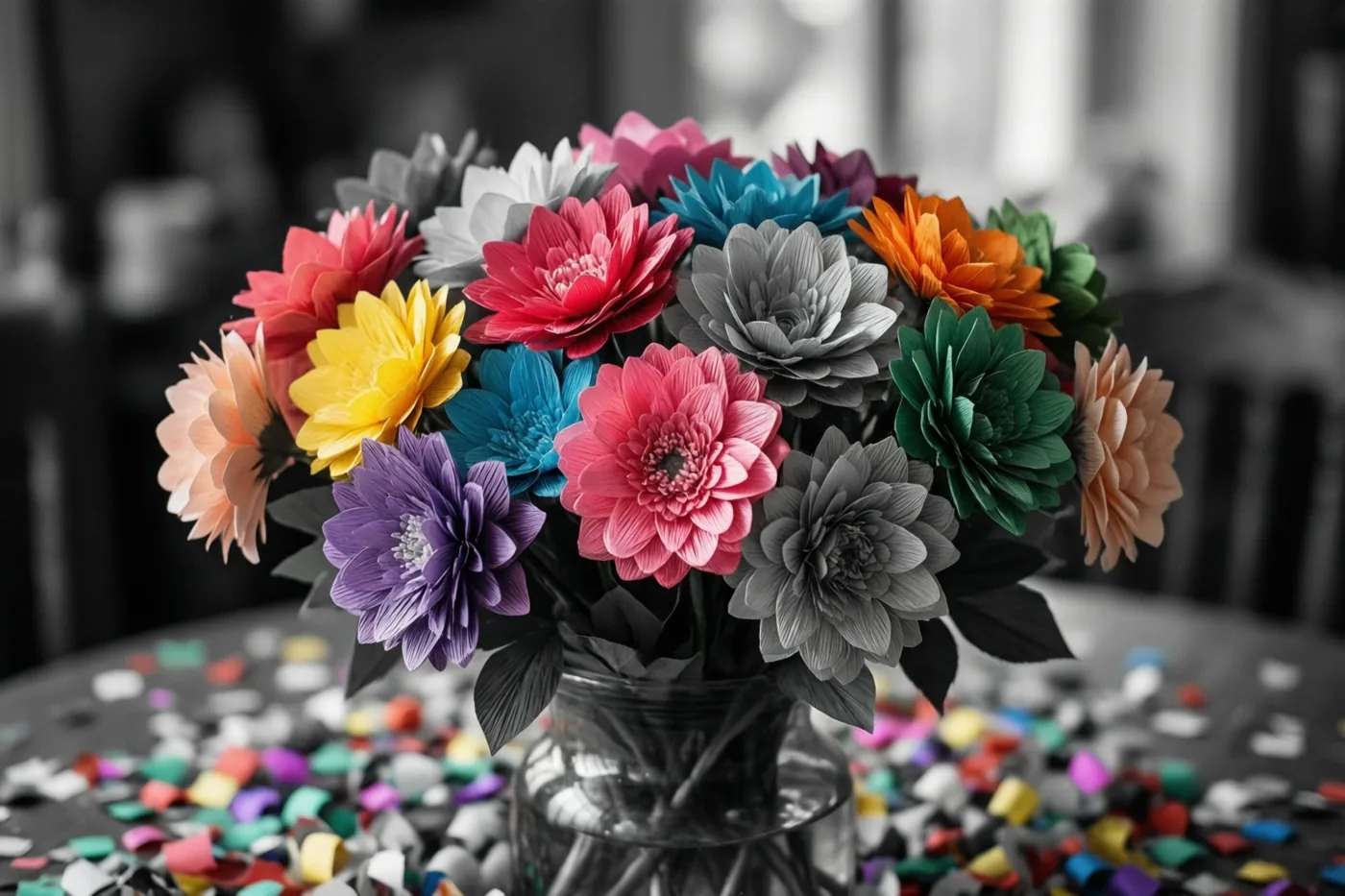 Een boeket papieren bloemen in felle kleuren en zwart-wittinten staat in een glazen vaas op een tafel met kleurrijke confetti, tegen een onscherpe binnenachtergrond.