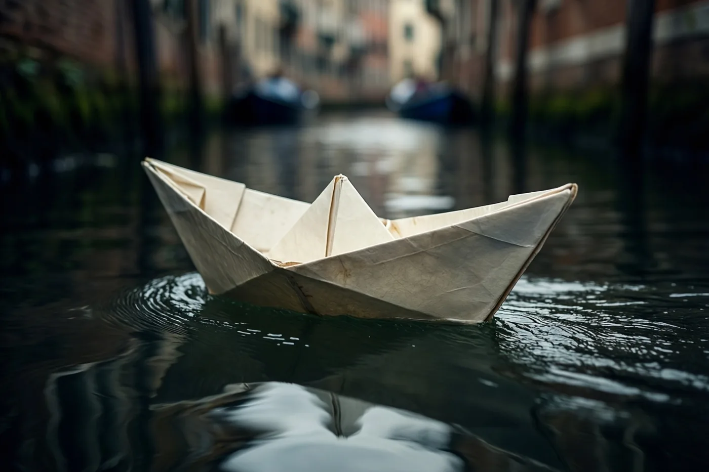 Een papieren bootje drijft op donker kanaalwater met zachte rimpels, met onscherpe gebouwen en boten langs de oevers op de achtergrond.