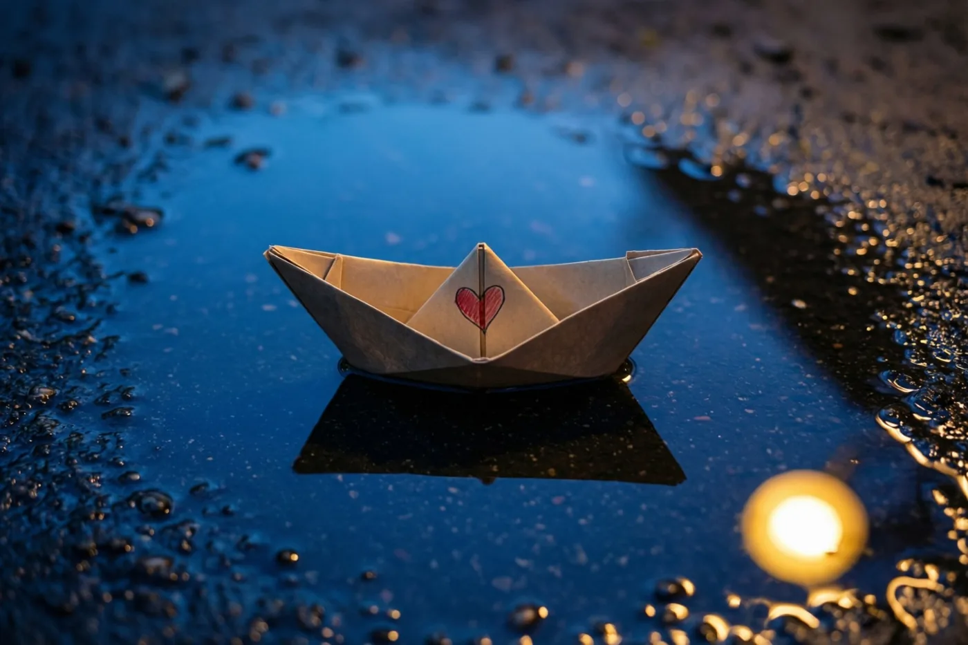 Een papieren bootje met een rood hart op het zeil drijft in een ondiepe plas op nat asfalt, met weerspiegelingen in goudkleurig licht.
