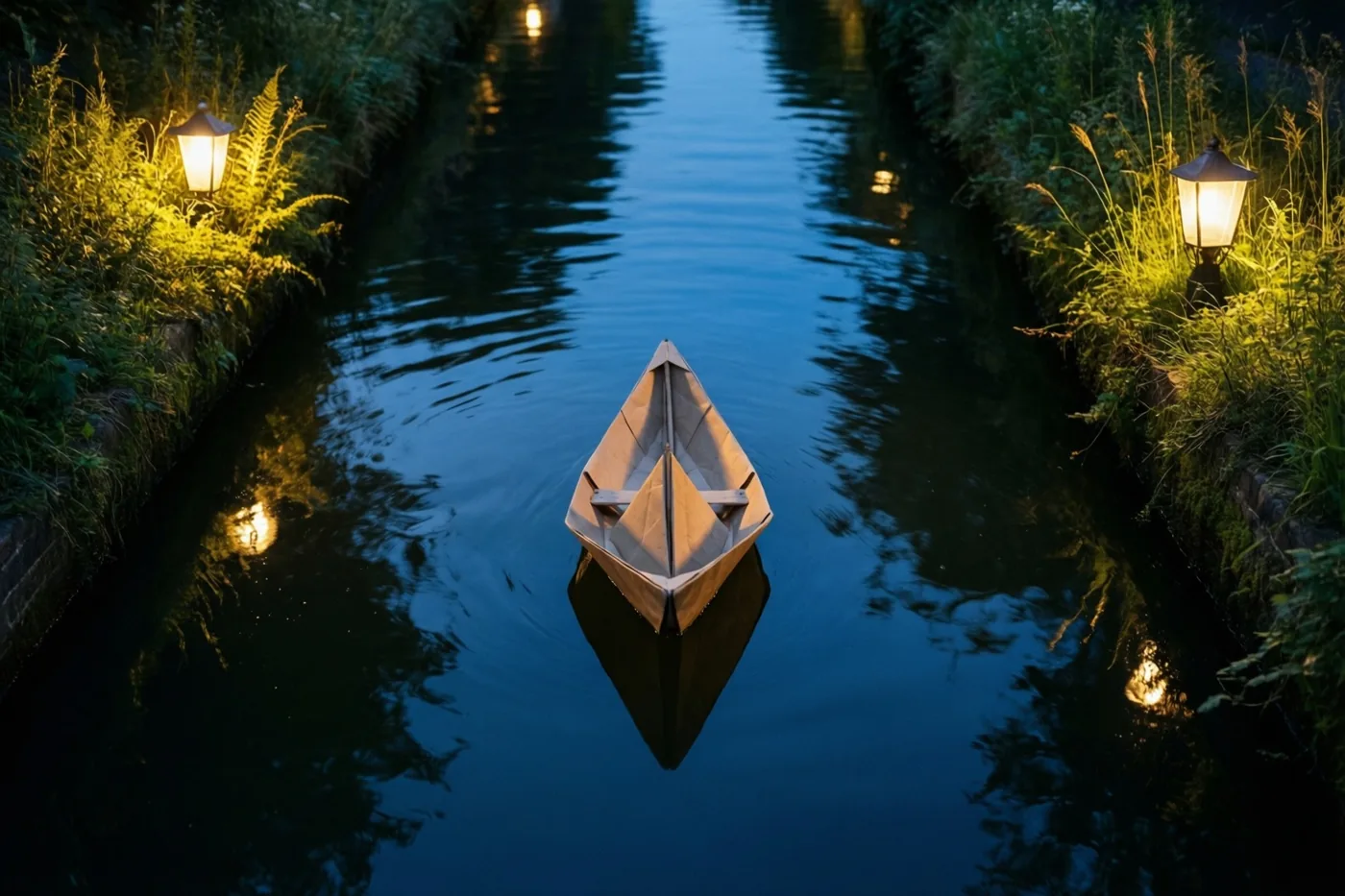 Een papieren bootje drijft 's nachts op een smal kanaal met diepblauw water, tussen grasoevers verlicht door warmgele lantaarns.