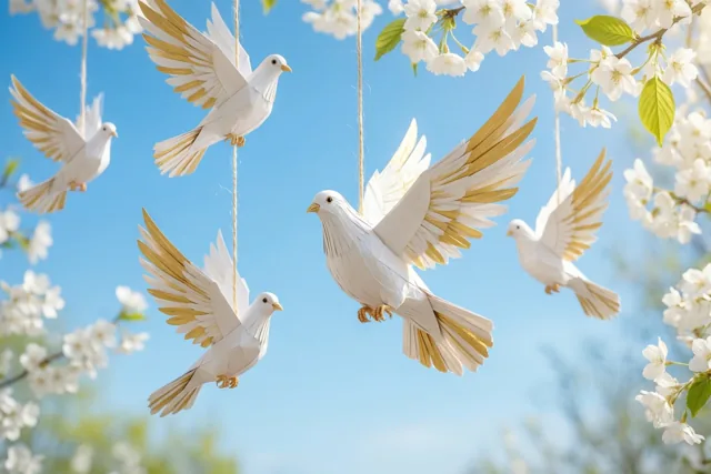 Witte papieren duiven met goud aan de vleugeltoppen hangen tegen een helderblauwe lucht, omringd door witte kersenbloesems.