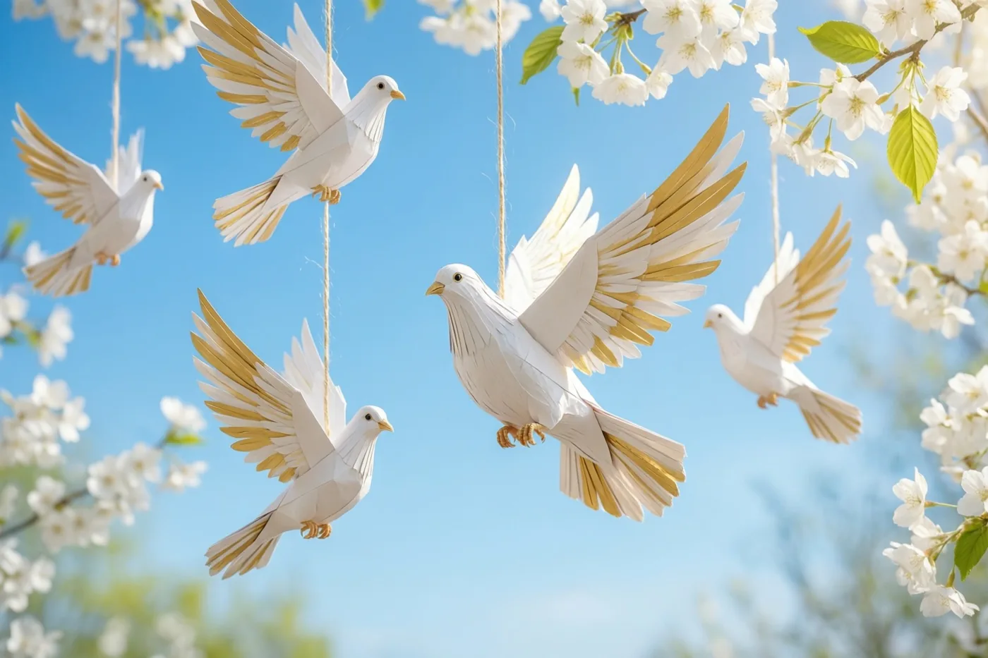 Witte papieren duiven met goud aan de vleugeltoppen hangen tegen een helderblauwe lucht, omringd door witte kersenbloesems.