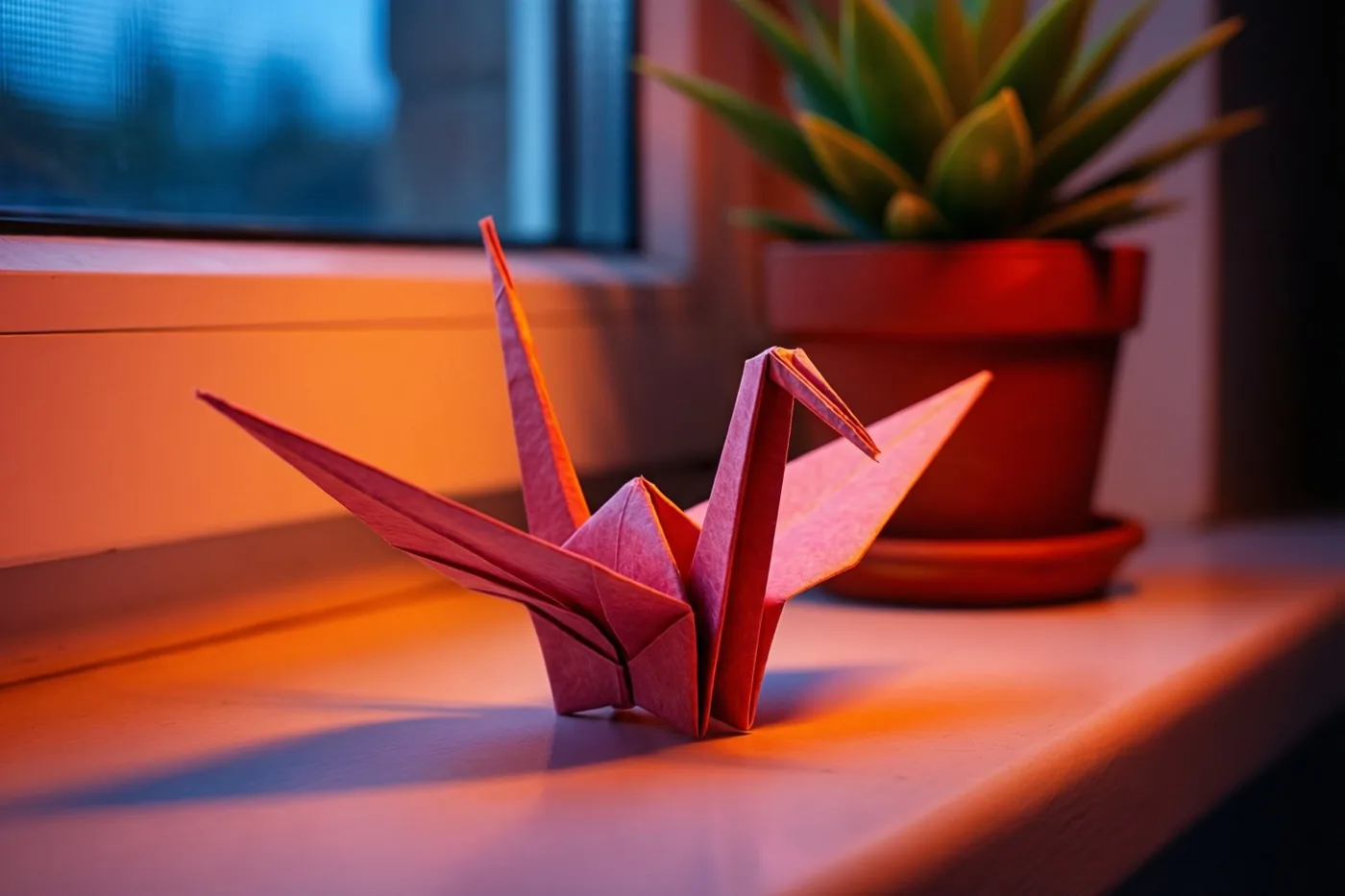 Een kraanvogel van effen papier staat naast een potplant op een vensterbank in warm oranje en roze licht.