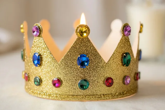 Een glinsterende gouden papieren kroon met kleurrijke papieren juwelen ligt op een witte ondergrond, met een brandende kaars erachter.