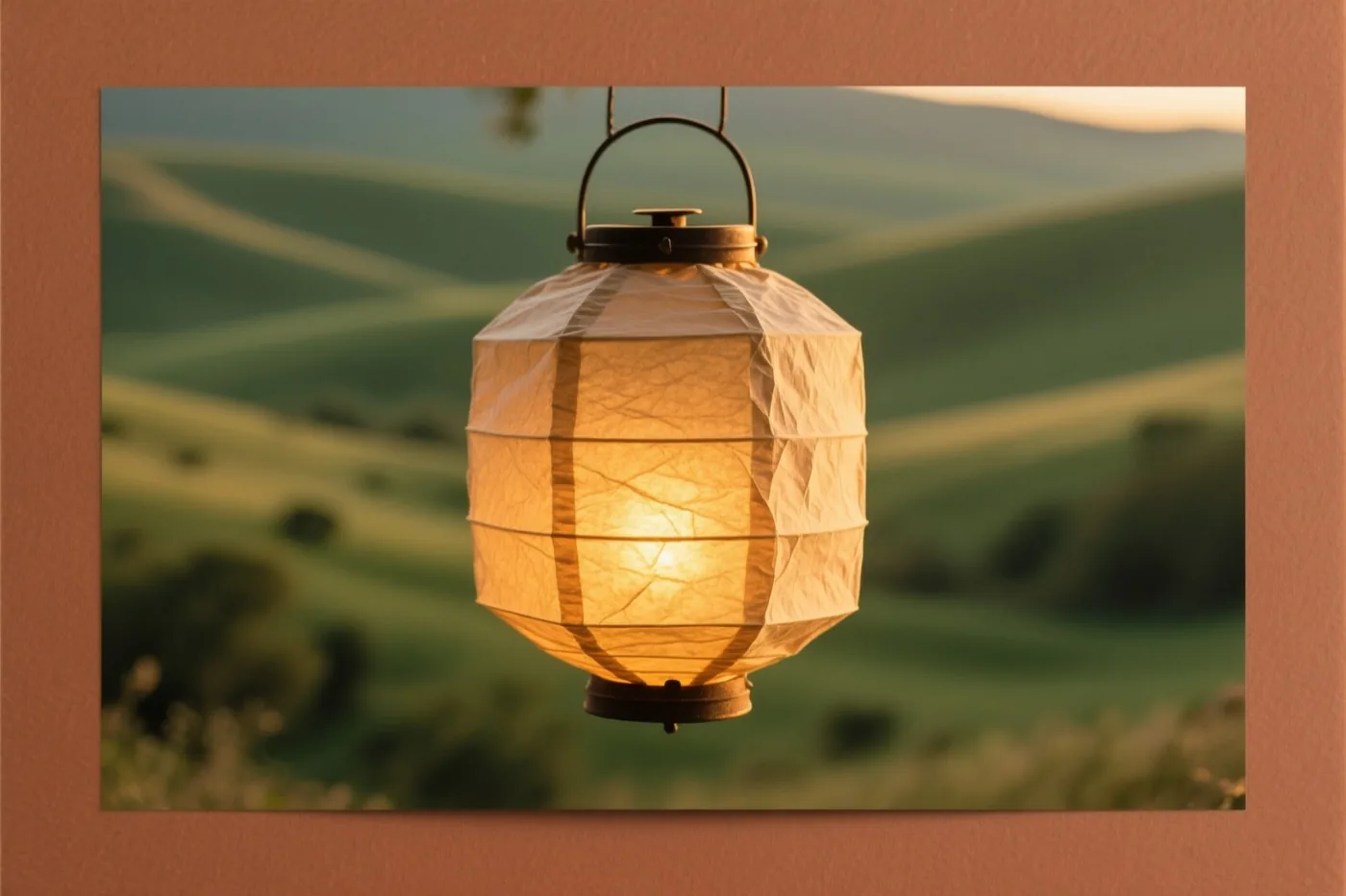 Een close-up toont de papierstructuur van een brandende lantaarn die voor een onscherpe groene heuvel hangt, in warm goudkleurig licht.