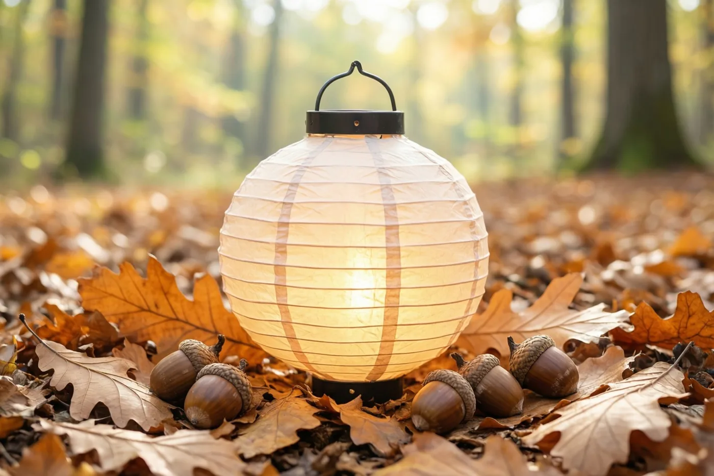 Een brandende papieren lantaarn staat tussen gevallen eikenbladeren en eikels in een herfstbos met gouden, bruine en crèmekleurige tinten.