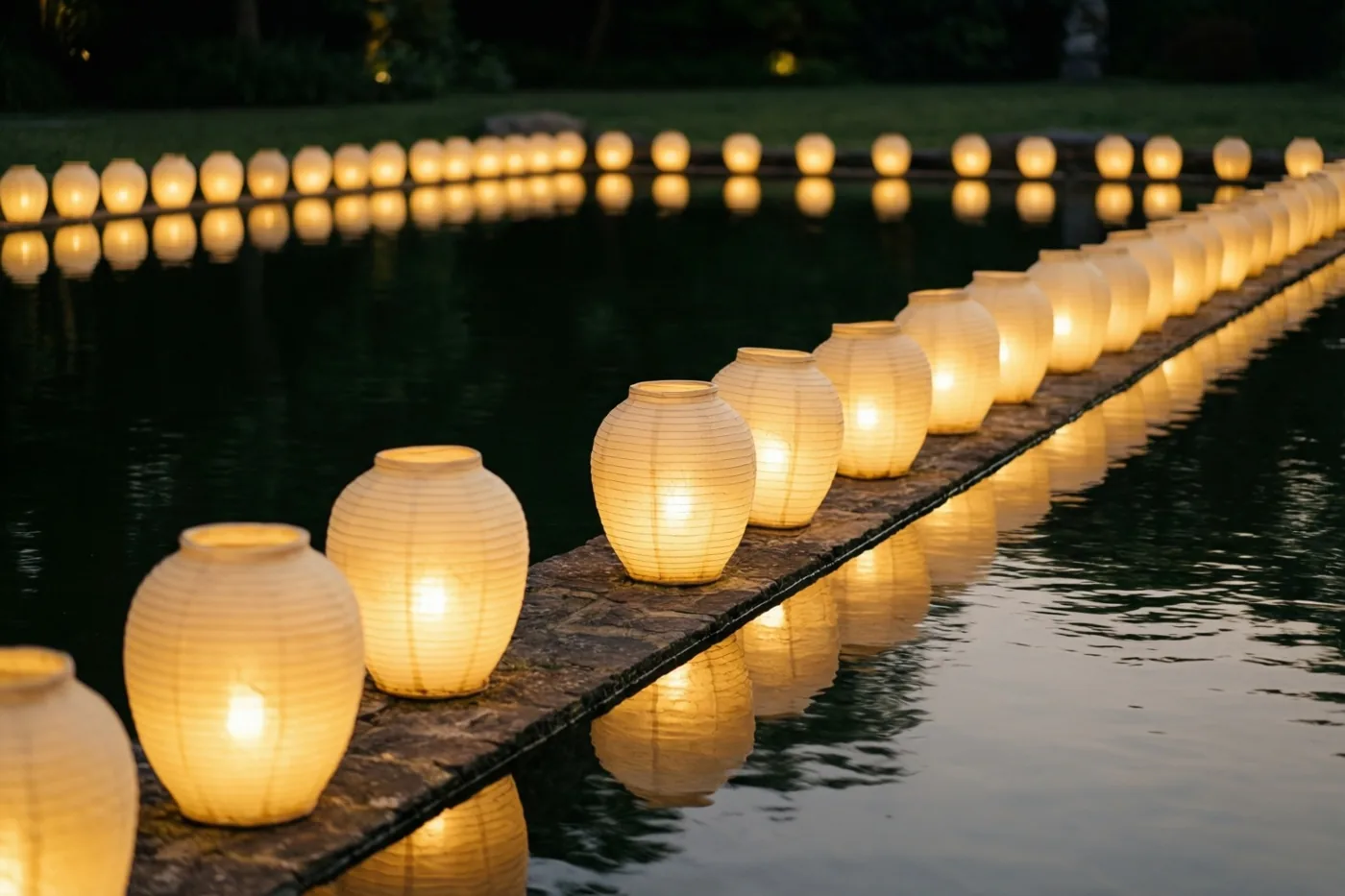 Rijen lichtgevende papieren lantaarns staan 's nachts langs een donkere vijver en weerspiegelen warm in het kalme water.