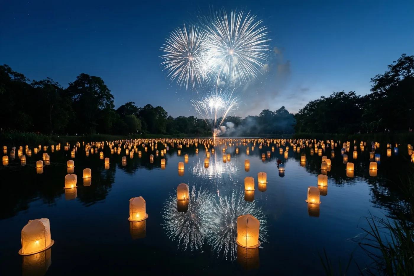 Lichtgevende papieren lantaarns drijven op een donkere vijver, waarin vuurwerk weerspiegelt, met donkere bomen langs het water onder een diepblauwe schemerhemel.