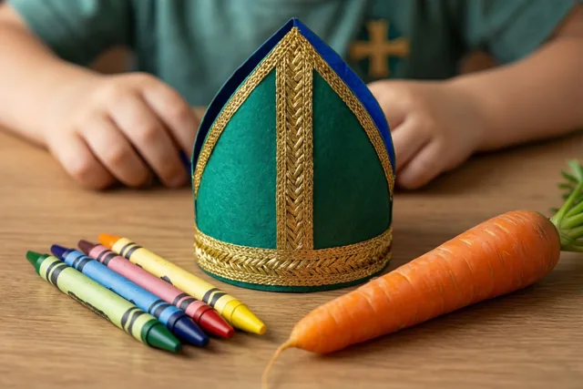 Een papieren kindermijter staat op een houten tafel naast een wortel en waskrijtjes, in groene, gouden en oranje tinten.