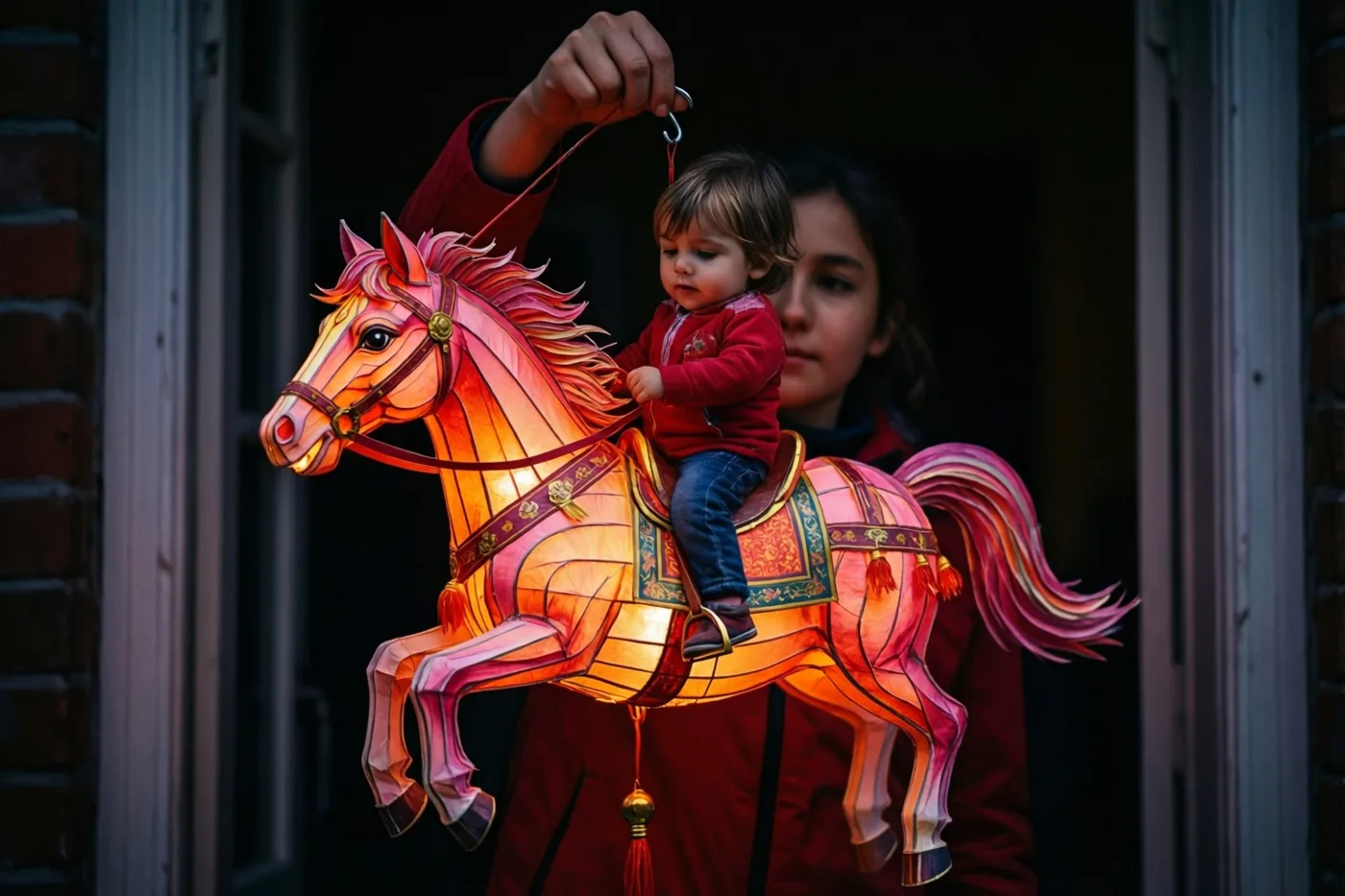 Een volwassen hand houdt bij een deuropening een gloeiende papieren lantaarn in de vorm van een paard met een klein kind erop, in warm rood en oranje licht.