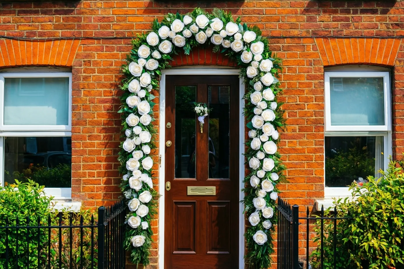 Een houten voordeur van een oranjerood bakstenen rijhuis met witte raamkozijnen is versierd met een grote boog van witte papieren rozen en groen.