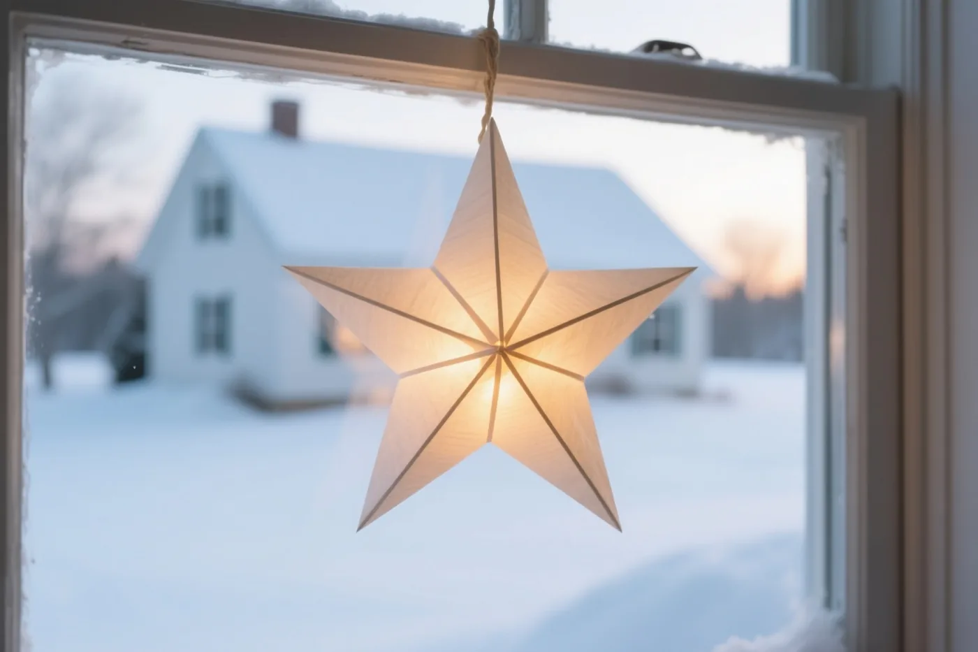 Een verlichte papieren ster hangt aan een raamkozijn, met een besneeuwd landschap en een witte boerderij op de onscherpe achtergrond in blauwe en witte tinten.