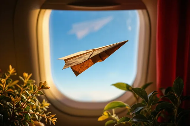 Vanuit een vliegtuigcabine is door een raam een papieren vliegtuigje in de blauwe lucht te zien, omlijst door groene planten en een rood gordijn.