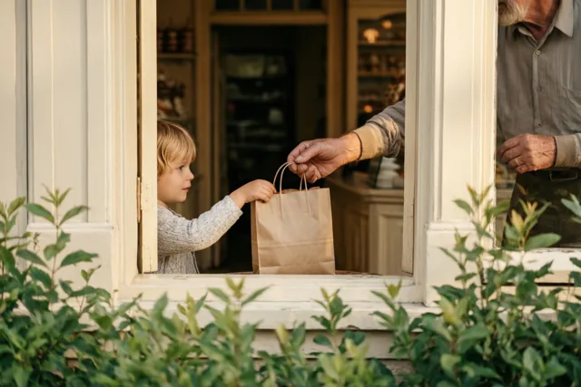 Een blond kind reikt door een raam naar een bruine papieren zak in de hand van een oudere man bij een warm verlichte ouderwetse winkel.