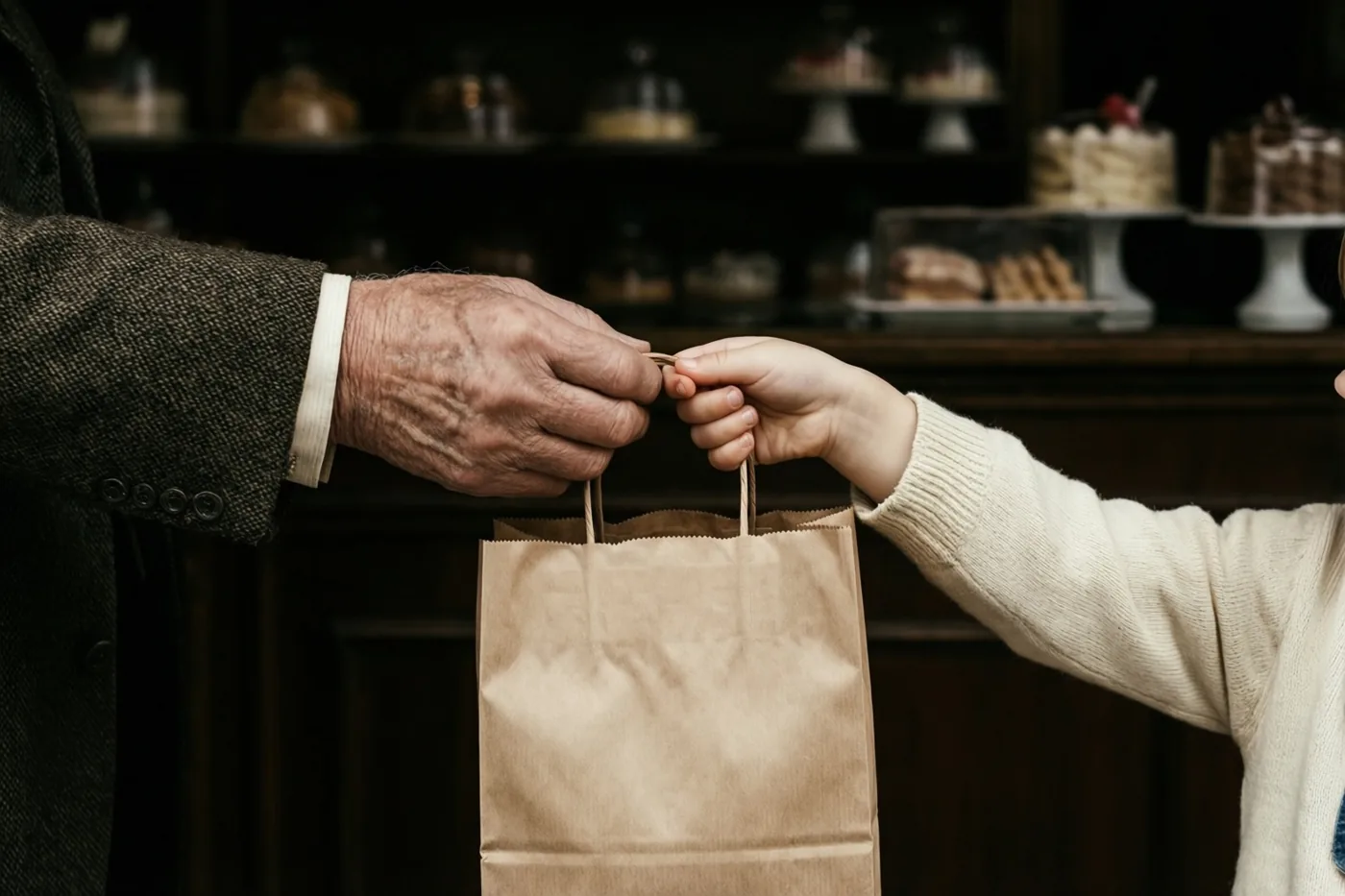 Een oudere mannenhand en een kinderhand houden elkaar en de hengsels van een bruine papieren zak vast in een ouderwetse snoepwinkel met gebak op de rekken.