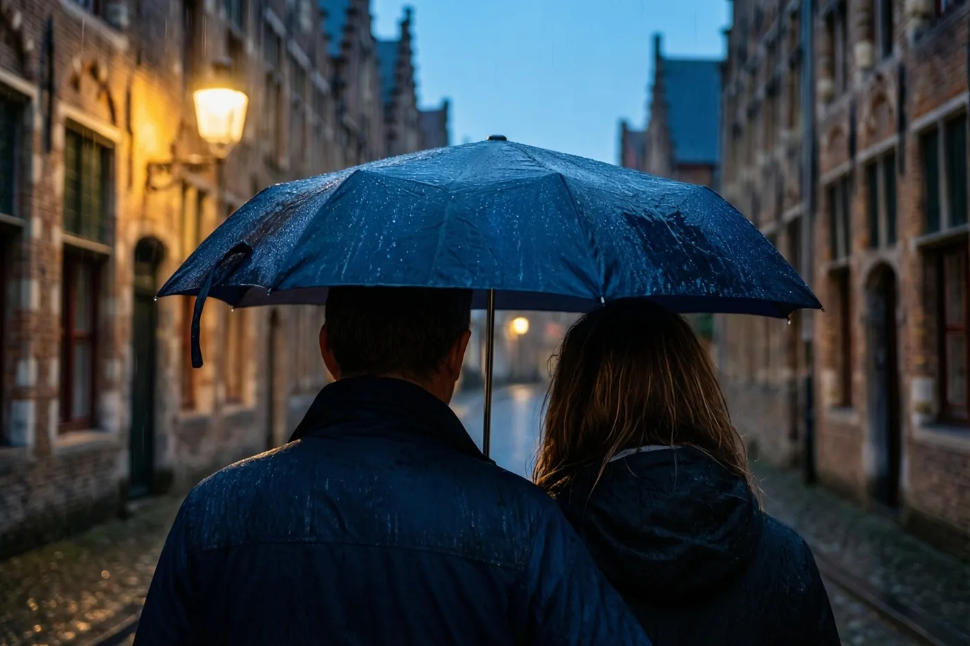 Twee mensen lopen van achteren gezien onder een grote blauwe paraplu over natte kasseien in een Vlaams stadje, bij gele straatverlichting en een blauwe schemerlucht.