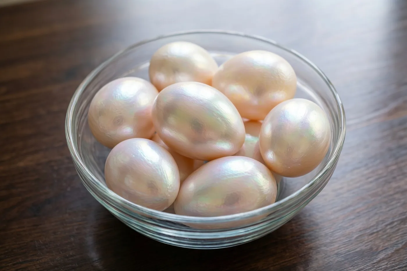 Een doorzichtige glazen kom met eieren beschilderd met parelmoerverf staat op een donkerhouten tafel in zacht licht.