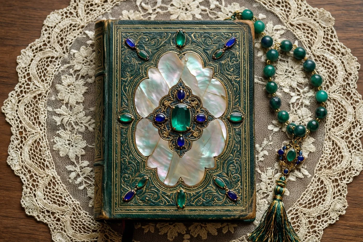 Een oud gebedenboek met een parelmoeren kaft en groene edelstenen ligt met een groen-gouden rozenkrans op een crèmekleurig kanten kleedje op donker hout.