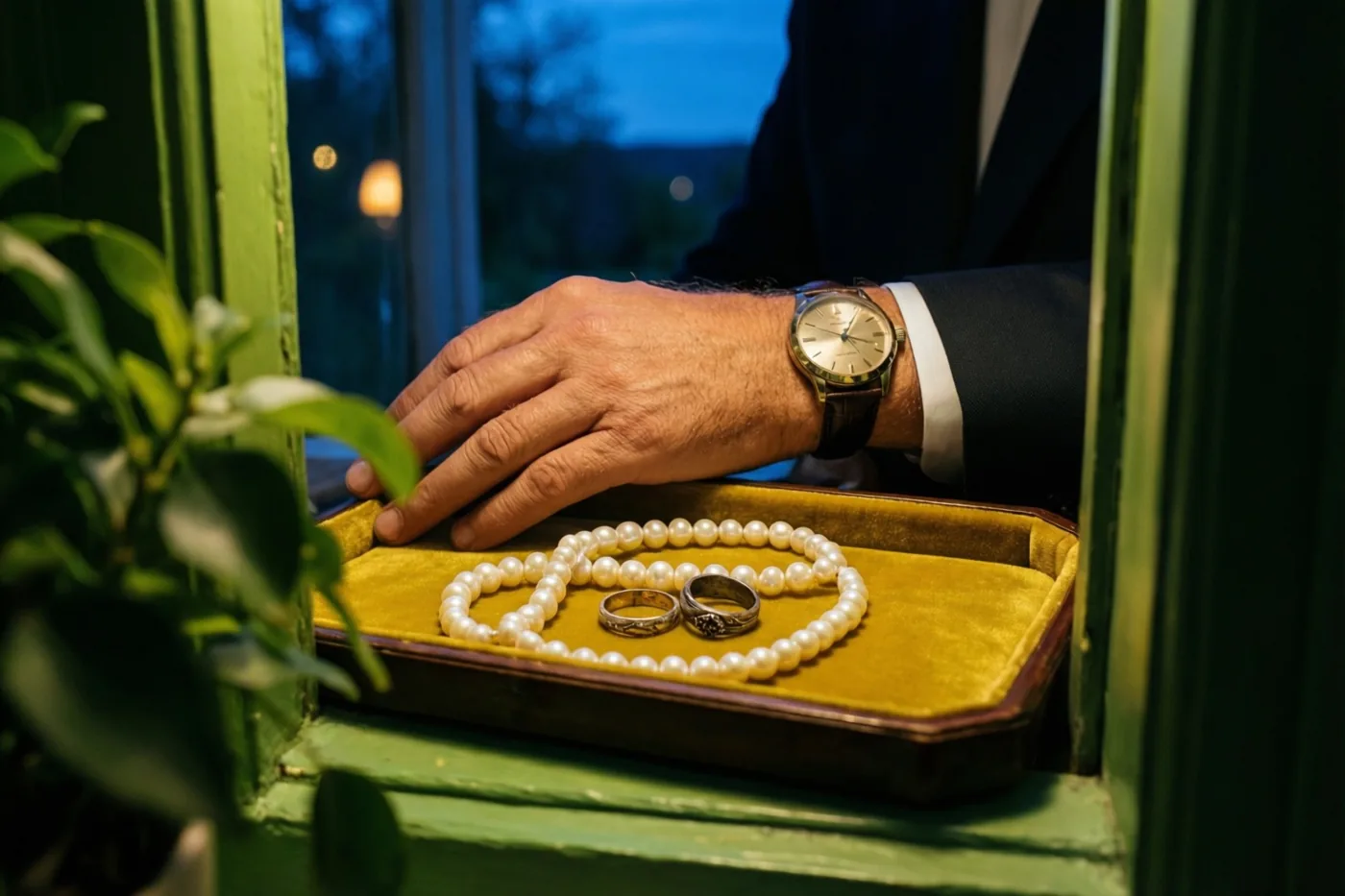 Een mannenhand rust boven een fluwelen schaaltje met een parelsnoer en twee trouwringen, met een horloge aan de pols, bij een groen raamkozijn in de schemering met warm licht binnen en koele blauwtinten buiten.