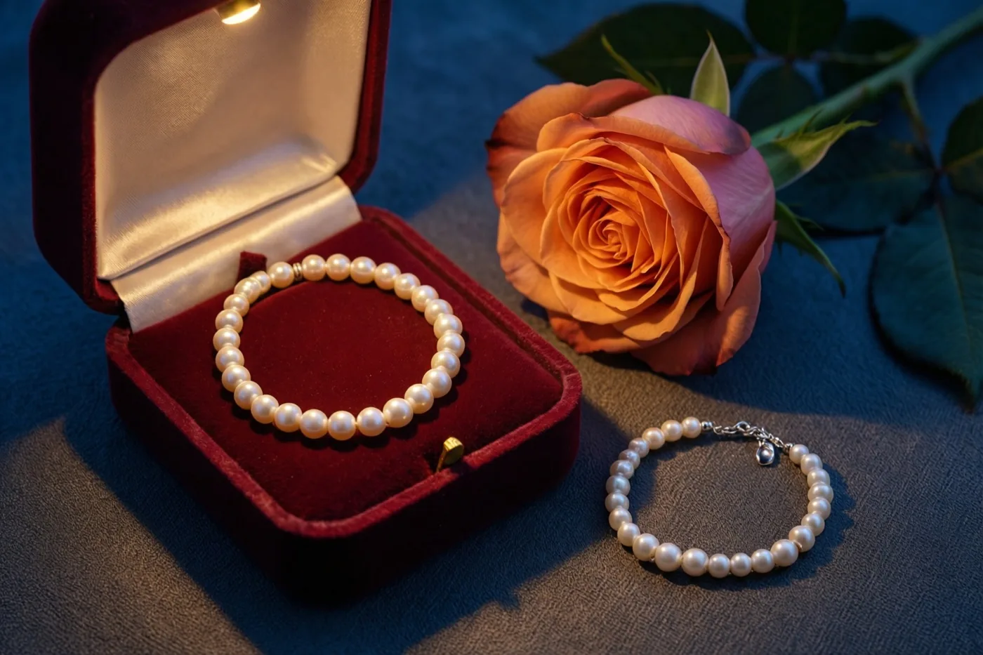 Een parelketting ligt in een open rood fluwelen juwelendoosje, met een kleinere parelarmband en een oranje roos met groene bladeren ernaast op een donkere ondergrond.