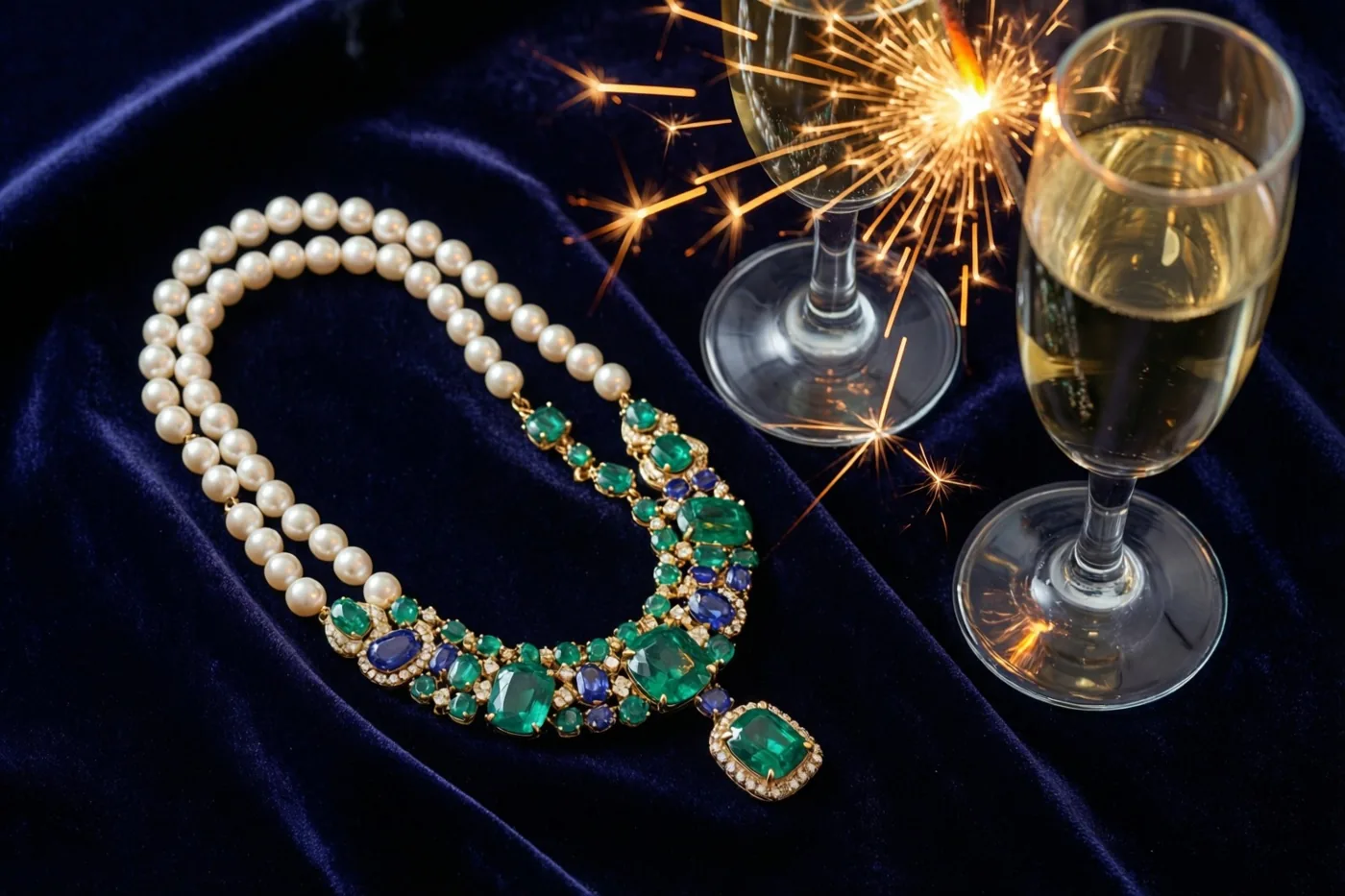 Een parelsnoer met een sluiting van groene en blauwe edelstenen ligt op donkerblauw fluweel naast twee champagneflûtes en een brandend sterretje.